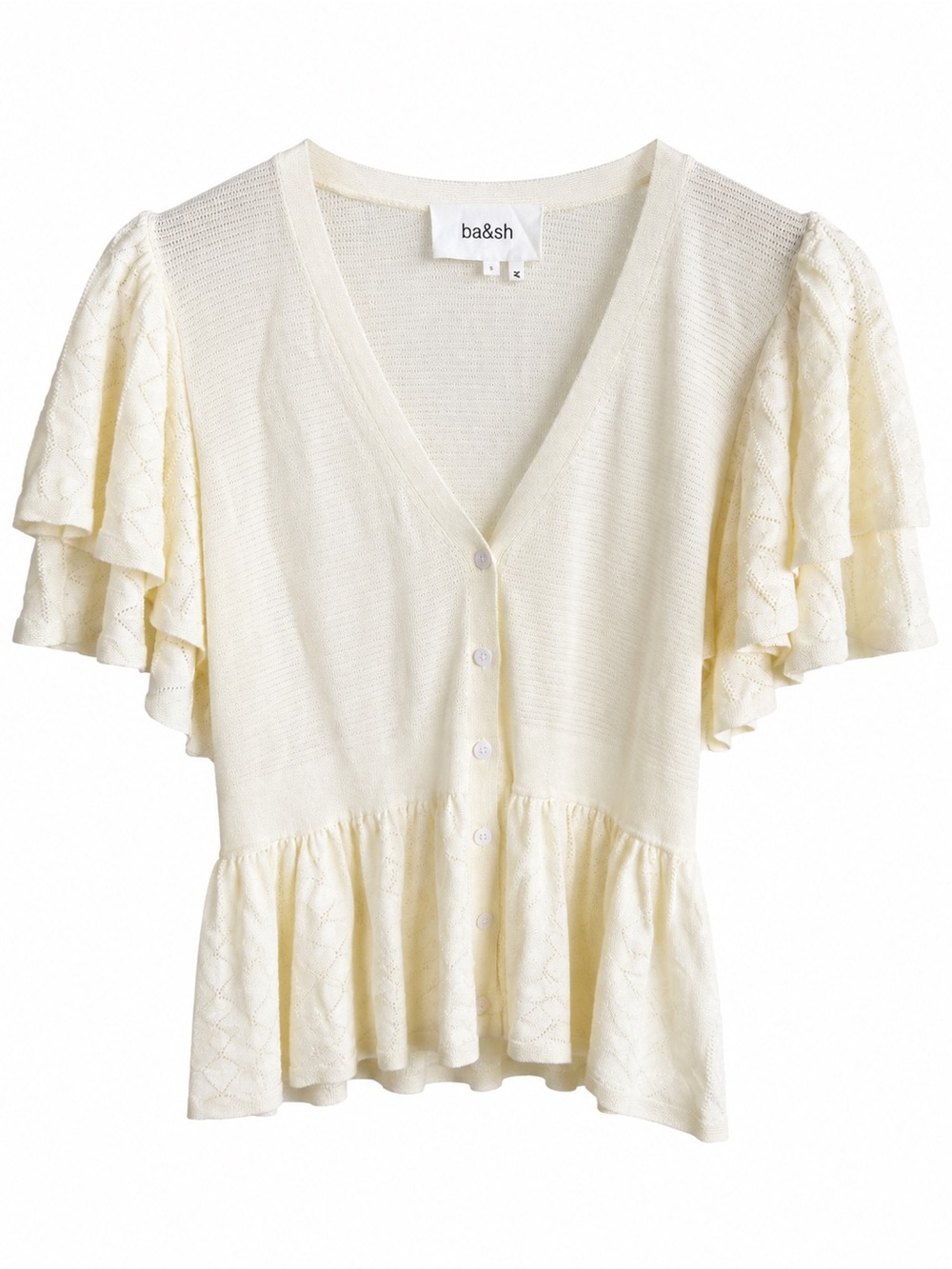 ba&sh Cream Knit Peplum Short-Sleeve Cardigan Size S